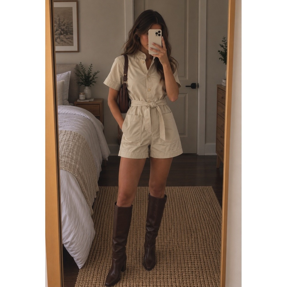 COS Beige Khaki Utility Romper Belted Short Sleeve Playsuit Sz 2 Fall Fashion